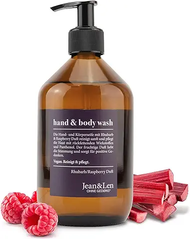 Jean & Len Jabón de Manos Ruibarbo y Frambuesa, Botella de Vidrio Ecológica y Rellenable, para unas Manos Limpias y Cuidadas, Aroma Afrutado de Ruibarbo y Frambuesa, 500 ml  
