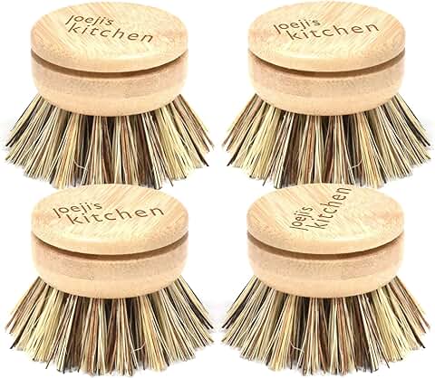 Joejis Juego de 4 Cabezales de Repuesto para Cepillo Platos de Cerdas Duras, Cepillo Cocina de Madera Ecológico con Cerdas de Fibra de Sisal, Cepillo Fregar Platos  