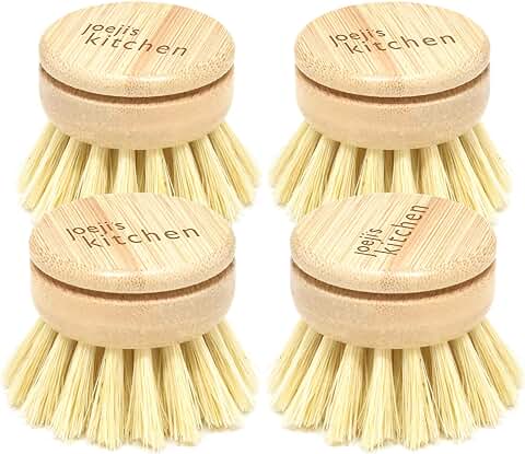 Joeji's Kitchen Cepillo Fregar Platos Juego de 4 Cabezales de Repuesto para Cepillo de Vajilla Natural de Madera Ecológico con Mango de Bambú y Cerdas de Fibra de Sisal Cepillo Platos Cepillo Cocina  
