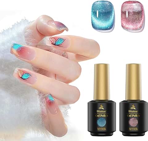 Juego de Esmalte de Uñas UV Magnético, 8 Ml*2pcs Cat Magnético Gel Esmalte de Uñas, Purpurina Arcoíris Brillante Glitter  