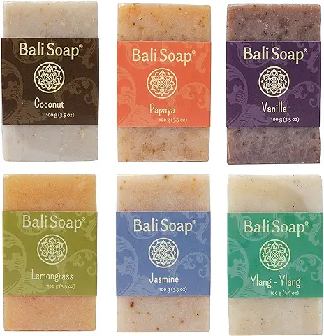 Juego de Regalo de Barra de Jabón Natural Bali Soap – Paquete de 6 Jabones Surtidos (coco, Papaya, Vainilla, Hierba de Limón, Jazmín, Ylang-ylang) 3.5 oz cada uno  