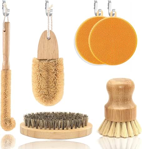 Kit de Cepillo de Limpieza de Cocina, Juego de Cepillos Ecológicos, Cepillo de Madera para Botellas, Cepillo para Ollas y Sartenes, Cepillo de Madera para Lavar Platos y Verduras  