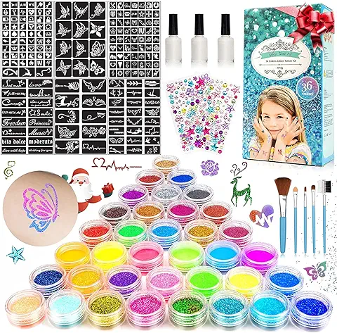 Kit de Tatuajes Purpurina Temporales, 36 Colores Brillo con 182 Plantillas, 215 Gemas para Niños, Niña, Adulto -No Tóxico, Cara y Cuerpo para Fiestas, Cumpleaños, Carnaval, Pascua  