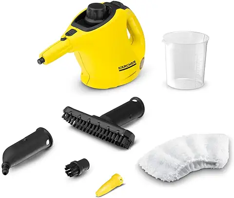 Kärcher Limpiadora de Vapor SC 1, Presión Vapor: 3 bar, Tiempo Calentamiento: 3 min, Potencia: 1200W, Rendimiento Superficie: 20 m², Recipiente: 200ml, Boquillas, Funda de Microfibra y Cepillo Redondo  