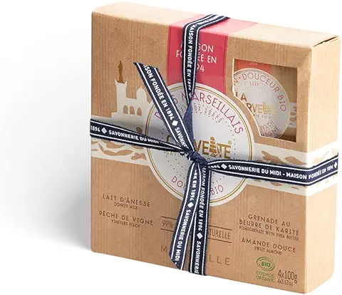La Corvette - Set de Regalo 4 Jabones Ecológicos - Leche de Burra, Melocotón, Granada con Manteca de Karité, Almendra Dulce  