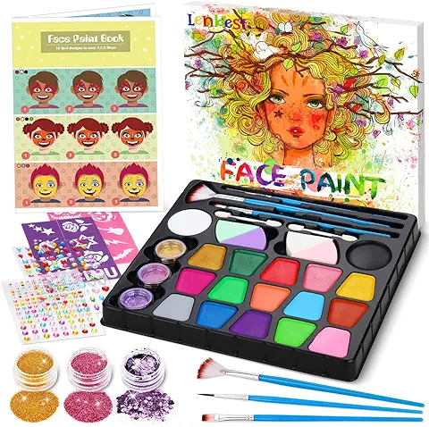 Lenbest Pintura Cara Niños - 17 Colores Pinturas - Facial Corporal con 256 Diamantes | Purpurina - Pintacaras Infantil - Fiesta Carnaval de Maquillaje  
