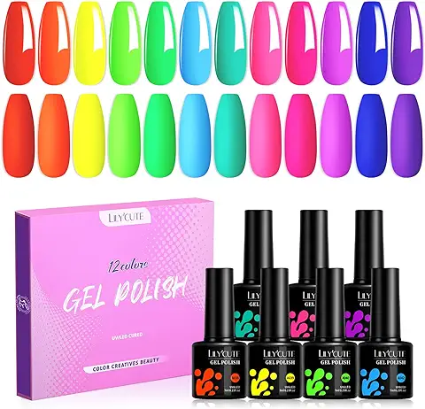 LILY'CUTE Esmalte de Uñas, Esmaltes Semipermenentes para Uñas, 12pcs Kit de Uñas de Gel Fluo, Soak off Pintauñas de Colores para Manicura 7ml  
