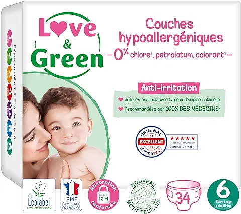 Love & Green - Pañales Saludables y Ecológicos para Bebés - Talla 6 (15+ kg) - 34 Pañales - Absorbentes, Anti-fugas y sin Ingredientes Indeseables  