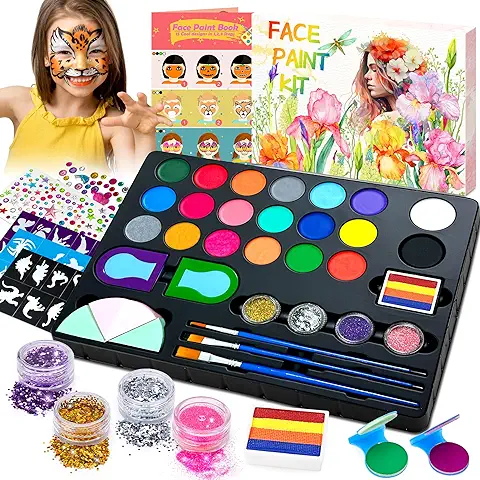 Lubibi Kit de Maquillaje Pintura Cara Niñas, 21 Colores Paleta de Maquillaje Para Niños, Juego de Maquillaje Lavable Con 3 Pinceles, 28 Plantillas de Tatuajes, Pintura Facial de Halloween / Navidad  