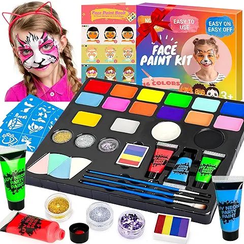 Lubibi Pinturas Cara,Pinturas Cara para Niños,23 Colores,24 Plantillas 3 Pinceles,Kit de Pintura Facial,No Tóxico Colores,Maquillaje para Fiestas de Disfraces Halloween Mardi Gras Navidad  