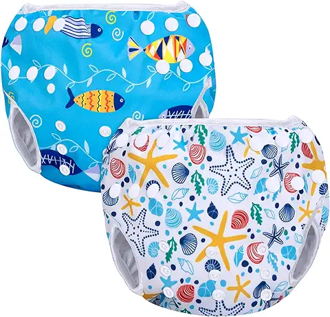 Luxja Pañal de Natación para Bebes Bañador Reutilizable de Nadar de Bebé Pañal Lavable para Bebé (0-3 Años), Shell + Pescado Azul  