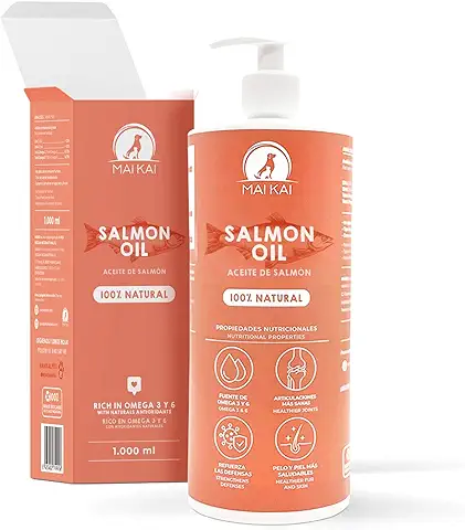MAIKAI Aceite de Salmon para Perros y Gatos 1 L - 100% Natural y Puro - Fuente de Omega 3 y 6 - Antiinflamatorio - Piel Sana y Pelo Brillante - Vitaminas y Calcio - Articulaciones y Defensas  