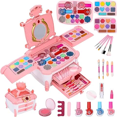 Maquillaje para Niña, 47 Piezas Set de Maletin Maquillaje Lavable Niñas, Kit Maquillaje No Tóxica, Tocador de Maquillaje Niña para 4 5 6 8 1012 Años de Edad Regalos Niñas de Cumpleaños y Navidad  