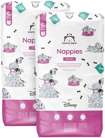 Marca Amazon - Mama Bear Disney Pañales Ultrasecos, Talla 5+ (11-17 kg) , Blanco, 144 Unidad, 2 Paquetes de 72 - PACK MENSUAL  