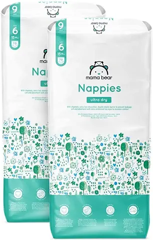 Marca Amazon - Mama Bear Pañales Ultra-secos, Talla 6 (15+ kg), Con Canales, Bianco, 140 Unidad (2 Paquetes de 70) - Nueva Versión  