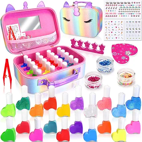 MarckersHome Juego de Esmaltes de Uñas para Niños, Kit de Esmalte de Uñas a Base de Agua de 20 Colores con Pegatinas, Separador de Uñas, Maleta de Unicornio, Regalo para Niñas 3 4 5 6 7 8  