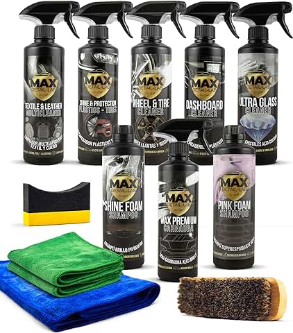 MAX DETAIL-LAB - Detailing Pack - Kit Limpieza Coche Accesorios Incluidos, Productos Limpieza Exterior e Interior, Limpia Llantas, Champu, Cera Líquida, Tapicerias, Salpicaderos, Limpiacristales  