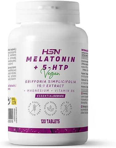 Melatonina 1,9 mg con 5 HTP + Magnesio + B6 de HSN | 120 Tabletas | Contribuye a Disminuir el Tiempo Necesario para Conciliar el Sueño + Aliviar Jet Lag | No-GMO, Vegano, Sin Gluten ni Lactosa  