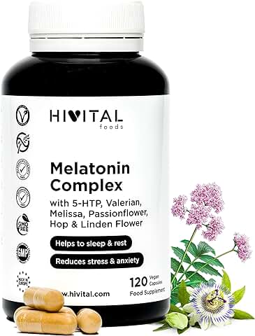 Melatonina Complex | 120 Cápsulas Veganas | Con 5-HTP, Valeriana, Melisa, Pasiflora, Amapola Californiana, Lúpulo y Tila | Mejora el Sueño y el Descanso, y Reduce la Ansiedad y el Estrés  