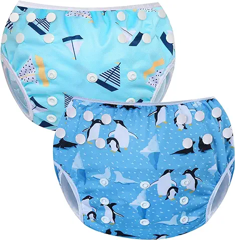 MIXIDON Pañal de Natación para Bebé Reutilizable Ajustable Lavable Pantalones de Natación Pañales de tela Impermeables Talla única Bañador para Niños de 0 a 3 Pingüino + Velero  