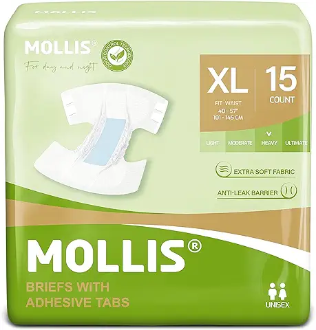 MOLLIS Pañales para Adultos Incontinencia, Bragas Absorbentes para Ancianos, Unisex, Hombres y Mujeres, Máxima Absorción, Control de Olores, Talla XL, 15 Unidades  