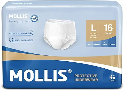 MOLLIS Pantalones Incontinencia para Adultos, Bragas Absorbentes para Hombres y Mujeres, Protección Contra las Fugas Durante toda la Noche, Control de Olores, Talla L, 16 Unidades  