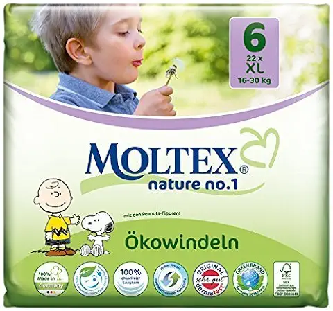 Moltex Nature No1 - Pañales Ecológicos para Bebé (132 Unidades, Talla XL, 16-30 kg, 6 Paquetes de 22 Unidades)  