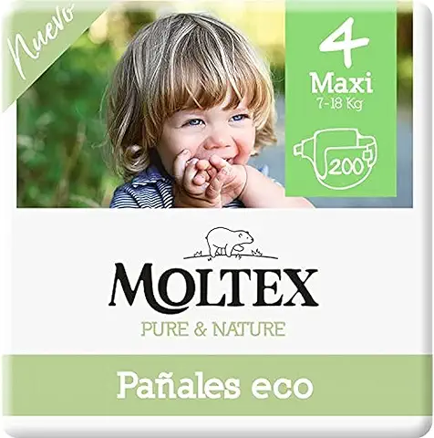 Moltex Pure & Nature 200 Pañales Ecológicos Blancos Con Diseño Impreso Talla 4 (9-15 Kg) - 4 Bolsas De 50 Unds  