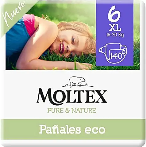 Moltex Pure & Nature Pañales Ecológicos Talla 6 (17-28 Kg) - 140 Pañales (4 Bolsas De 35 Unds), Blanco Con Diseño Impreso  