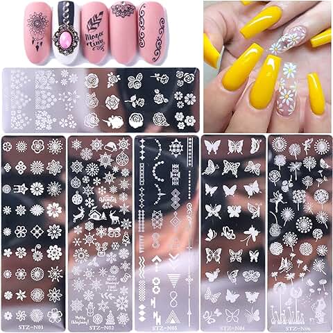 Nail Art Tools, 6 Piezas de Estampador de Uñas, Plantilla de Manicura, Retro Europeo y Americano, Duradero, Flores, Copos de Nieve, Mariposas, Diente de León, Utilizado para Decoración de Uñas  
