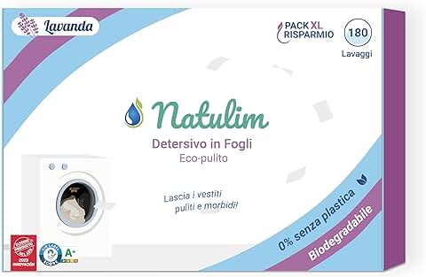 Natulim Detergente en Tiras para Lavadora (180 Lavados) - Incluye Efecto Suavizante, Ecológico, Hipoalergénico, Zero Waste, Made in Spain - Ropa Limpia y Suave sin Ensuciar el Planeta (Lavanda)  