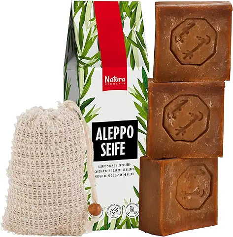 Natura Germania® Set de 3 jabones originales de Alepo 60% aceite de oliva / 40% aceite de laurel, cada uno de aproximadamente 200 gr (alrededor de 600 gr en total) + bolsa de jabón de sisal