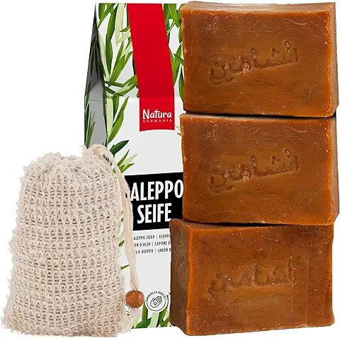 Natura Germania® Set de 3 Jabones Originales de Alepo 80% Aceite de Oliva / 20% Aceite de Laurel, cada uno de Aproximadamente 200 gr (alrededor de 600 gr en Total) + Bolsa de Jabón de Sisal  