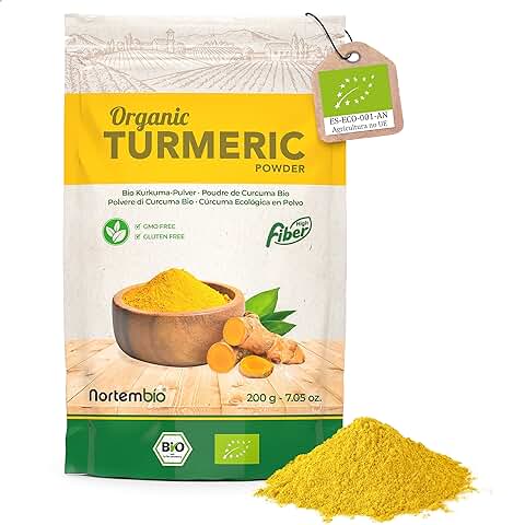 Nortembio Cúrcuma Ecológica en Polvo 200 g. Origen 100% Natural. Calidad Gourmet. Cúrcuma Molida Sin Aditivos ni Conservantes, Vegana y Sin Gluten. Envase con Cierre Zip. E-Book con Recetas Incluido.  