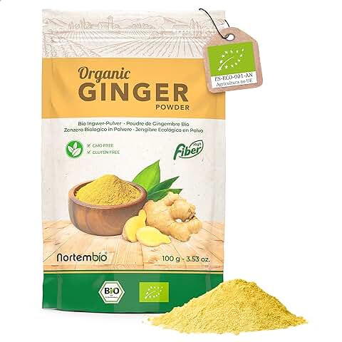 Nortembio Jengibre Ecológico en Polvo 100 g. Origen 100% Natural. Especial para Infusiones. Jengibre Seco Molido Sin Aditivos ni Conservantes, Vegano y Sin Gluten. E-Book con Recetas Incluido.  