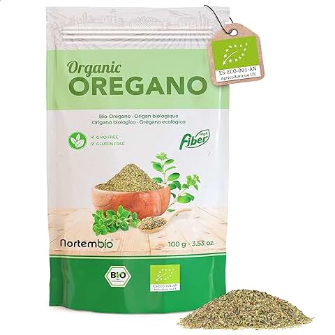 Nortembio Orégano Seco Ecológico 100 g. Origen 100% Natural. Orégano Frotado sin Aditivos ni Conservantes. Hojas de Orégano Suavemente Secado. Hierba Aromática Especial para Pizzas y Pasta.  