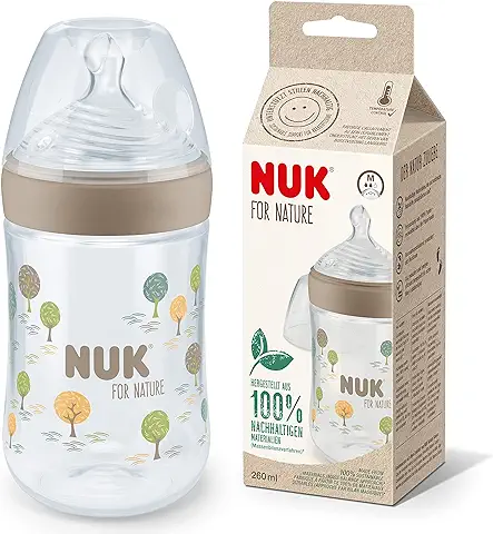 NUK for Nature - Biberón, Tetina Media, 260 ml, Tetina de Silicona Sostenible Similar al Pecho con Ventilación Anticólicos, Control de Temperatura, sin BPA, Color Beige  
