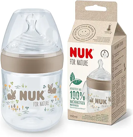 NUK for Nature - Biberón, Tetina Pequeña, 150 ml, Tetina de Silicona Sostenible Similar al Pecho con Ventilación Anticólicos, Control de Temperatura, sin BPA, Color Beige  