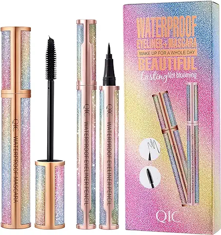 ONLYOILY Delineador de ojos Líquido Negro, Resistente al Agua, Antiincrustante+Máscara de Pestañas de Fibra Impermeables  