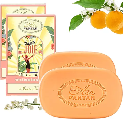 Pack 2x100 g: Jabones Franceses JOIE/Un Air D’Antan/Formula Hidratante/Azahar,Lirio de los Valles,Rosa/Piel Sensible/Aceite de Argan y Manteca de Karite BIO/Para Manos o Corpo/Sin Parabeno  