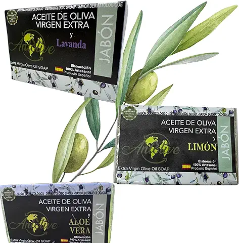 Pack de 3 Jabones Ecológicos Anlolive: Aceite de Oliva con Limón, Lavanda y Aloe Vera - Naturales, Hidratantes y Suaves para la Piel, 125g cada uno  