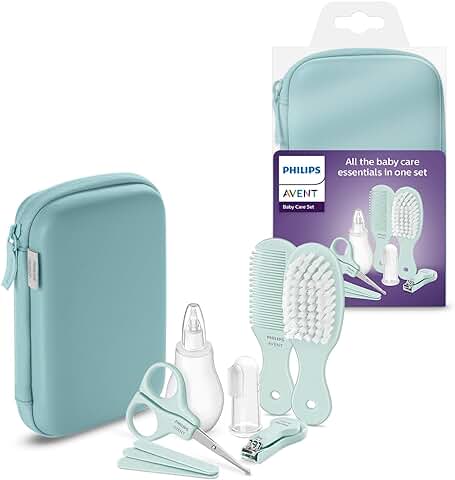 Philips Avent Baby Care Set: Kit Básico para el Cuidado del beb con 9 Accesorios; Cortaúñas, Tijeras, 3 Limas de Uñas, Peine, Cepillo, Aspirador Nasal y Cepillo Dental Dedal (modelo SCH401/00)  