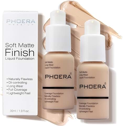 PHOERA base Maquillaje,2 Piezas base Maquillaje Cobertura Total,base Maquillaje alta Cobertura,Resistente al agua de Larga Duración Oculta las Imperfecciones para una tez Suave (2 Piezas 102)  