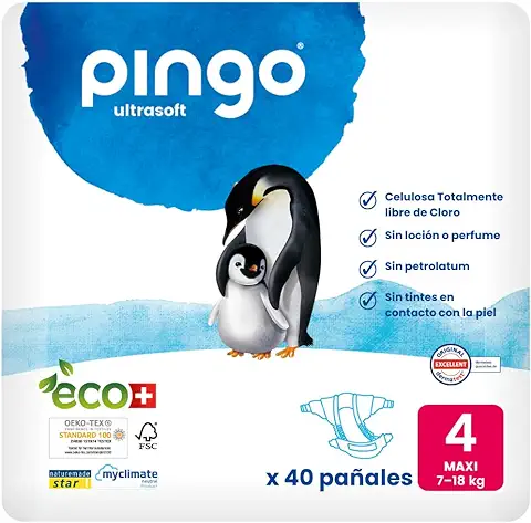Pingo Pañales Ecológicos Talla 4 Maxi (7-18 kg), 1 Bolsa de 40 Pañales  