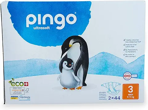 Pingo - Pañales Talla 3 Midi - 2 Paquetes de 44 Unidades- 4-9 kg -Pañales para Bebé - Anti-alergénicos sin Perfume - Máxima Absorción - Pañales Ecológicos - Pieles Sensibles - Color Blanco  