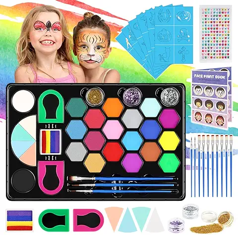 Pinturas Cara para Niños, 48 PCS Pintacaras Infantil con Tatuajes Purpurina, Pintura Facial Cara Niños Hipoalergenica Maquillaje Carnaval Halloween Regalo Niños  