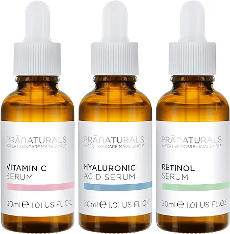 PraNaturals Kit de Sérums Faciales 3x30ml - Ácido Hialurónico, Retinol y Vitamina C - Borra las Líneas Finas y las Arrugas, Enriquecido con Aceites y Vitaminas Naturales  