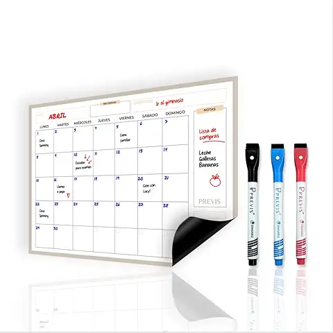 Previs Calendario Magnético Nevera Mensual A4 (21X29,7CM) - Calendario Imantado - Organizador Semanal con 4 Rotuladores - Pizarra Nevera - Planificador Menús, Niños, Rutinas, Trabajo, Diario  