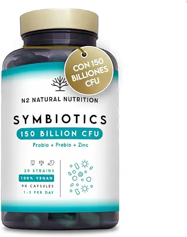 Probioticos 150 mil Millones UFC y 20 Cepas. Máxima Concentración de Probioticos y Prebioticos Intestinales y Zinc. Terapia de Choque 76 Días. Colon Irritable y Gases. Vegano. CE. N2 Natural Nutrition  