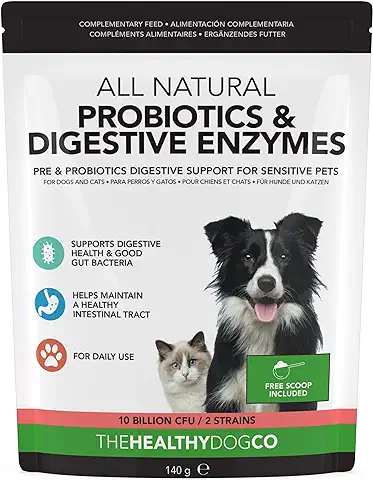 Probióticos, Prebióticos y Enzimas Digestivas Para Perros | 100% Natural 140g | Para Calmar el Estómago, la Digestión Mejorar la Inmunidad las Deposiciones y las Flatulencias | 10 Mil Millones de CFU  
